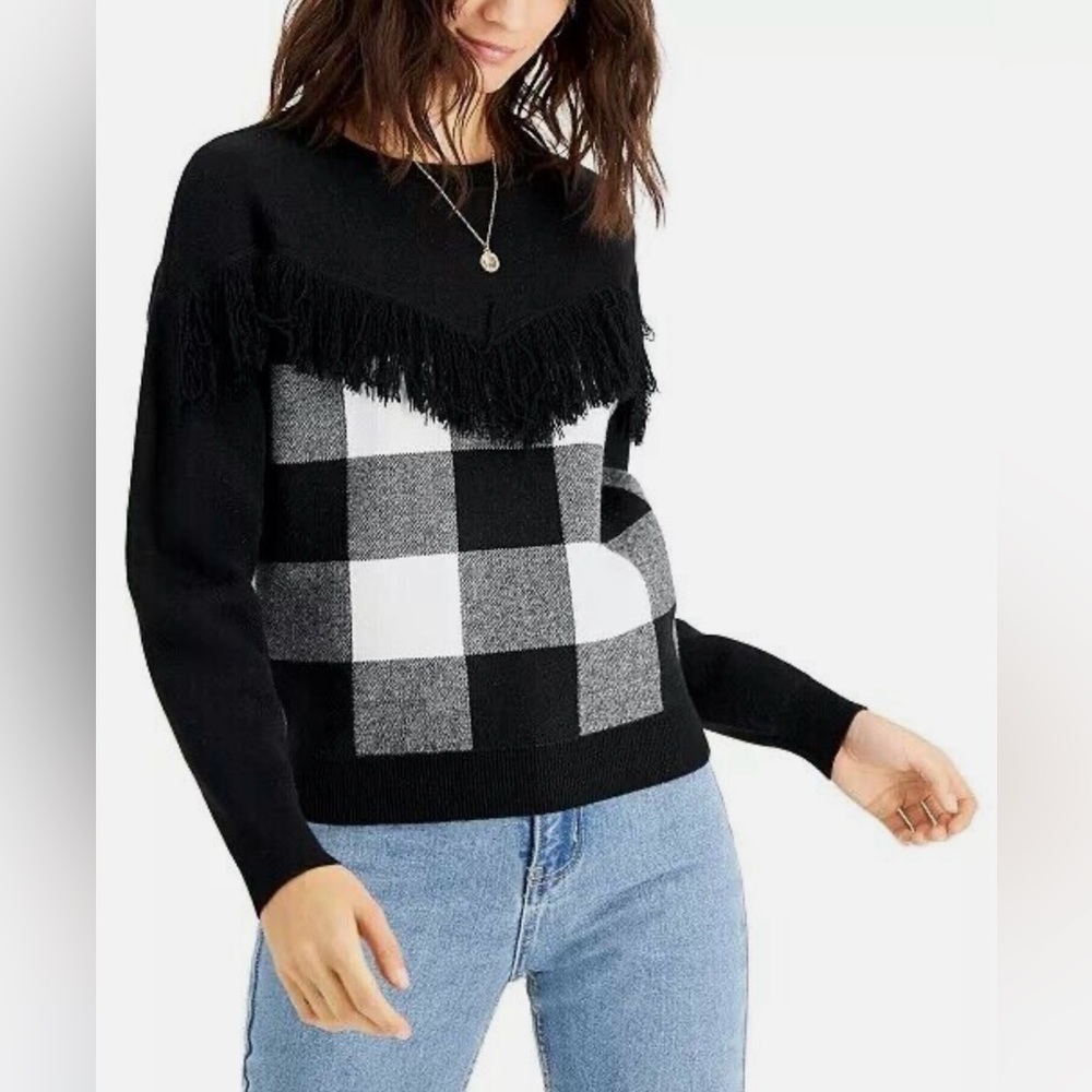 Bar III Boho Metallic Buffalo Plaid Fringe Sweater Size Small NWOT Holiday